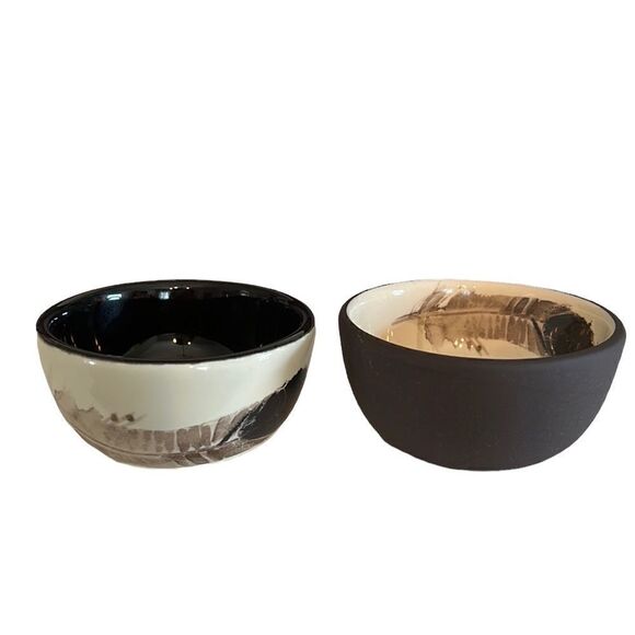 Small Bowls Floor 9 Boho Chic Feathers Accent Matching Dip Sauce Set of Two 4” - Picture 1 of 11